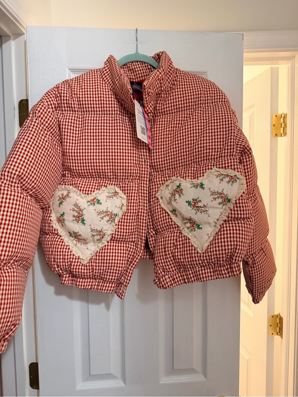 Cider Red Gingham Puffer Jacket with Floral Heart Patches